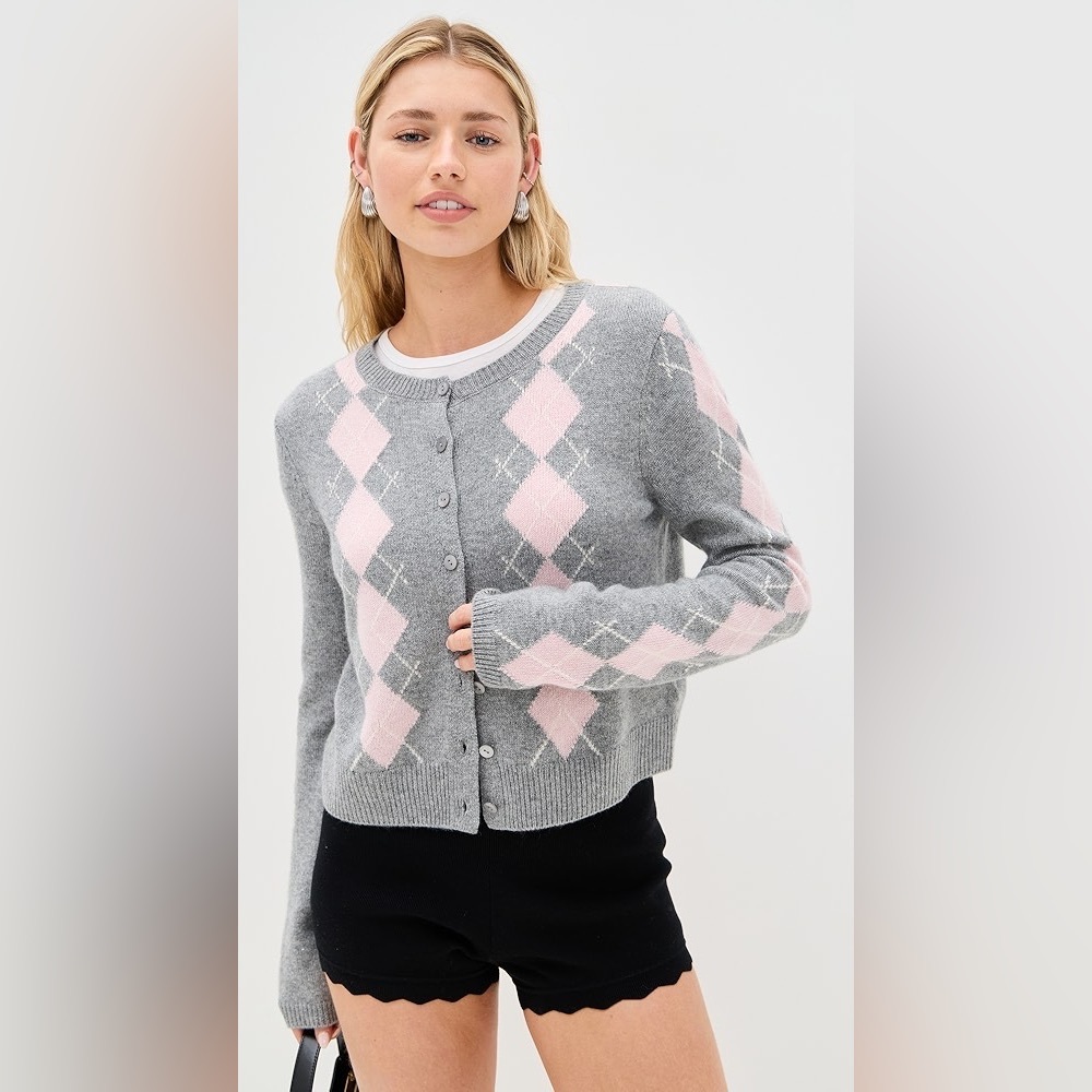 Reformation Clara Cashmere Crew Cardigan in Husky Multi Argyle XS